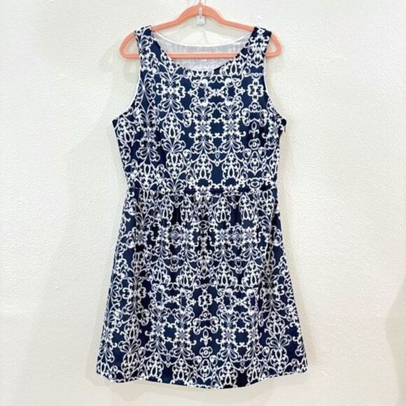 Garnet Hill Sleeveless Cotton Print Dress Navy/White Women’s Size 14 Zipper - Picture 1 of 9